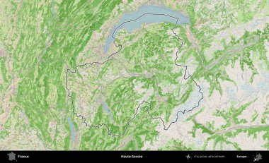 Haute-Savoie. OpenStreetMap Fransız stili haritasında Fransa 'nın idari bölgesinin ana hatları belirlendi