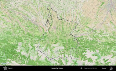 Hautes-Pyrenees 'de. OpenStreetMap Fransız stili haritasında Fransa 'nın idari bölgesinin ana hatları belirlendi