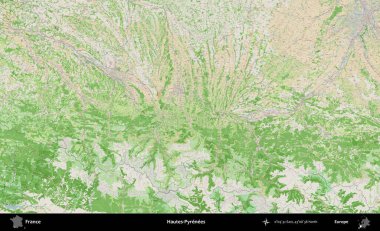 Hautes-Pyrenees 'de. OpenStreetMap Fransız stili haritasında Fransa 'nın idari alanı