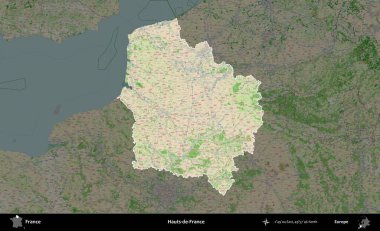 Hauts-de-France. Fransa 'nın idari alanı koyu renk bir OpenStreetMap tarzı Fransız haritasına vurgulandı ve özetlendi