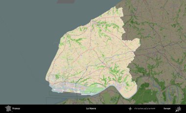 Le Havre. Fransa 'nın idari alanı koyu renk bir OpenStreetMap tarzı Fransız haritasına vurgulandı ve özetlendi