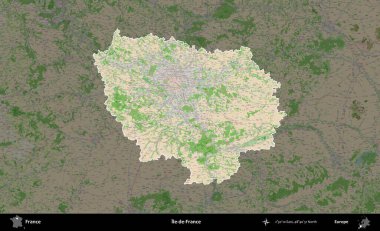 Ile-de-France. Fransa 'nın idari alanı koyu renk bir OpenStreetMap tarzı Fransız haritasına vurgulandı ve özetlendi