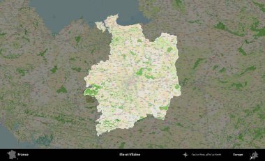 Ille-et-Vilaine. Fransa 'nın idari alanı koyu renk bir OpenStreetMap tarzı Fransız haritasına vurgulandı ve özetlendi