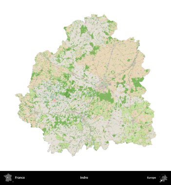 Indre. Fransa 'nın idari bölgesi bir OpenStreetMap Fransız tarzı haritada beyazda izole edildi