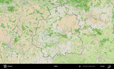 Indre. OpenStreetMap Fransız stili haritasında Fransa 'nın idari bölgesinin ana hatları belirlendi