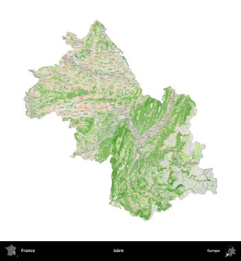 Isere. Fransa 'nın idari bölgesi bir OpenStreetMap Fransız tarzı haritada beyazda izole edildi