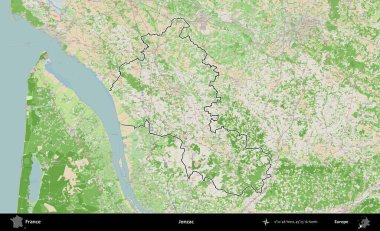 Jonzac. OpenStreetMap Fransız stili haritasında Fransa 'nın idari bölgesinin ana hatları belirlendi