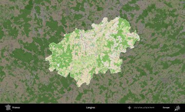 Langres. Fransa 'nın idari alanı koyu renk bir OpenStreetMap tarzı Fransız haritasına vurgulandı ve özetlendi