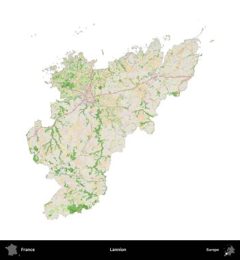 Lannion. Fransa 'nın idari bölgesi bir OpenStreetMap Fransız tarzı haritada beyazda izole edildi