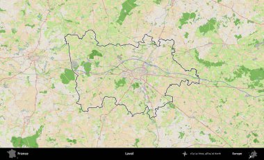 Laval. OpenStreetMap Fransız stili haritasında Fransa 'nın idari bölgesinin ana hatları belirlendi