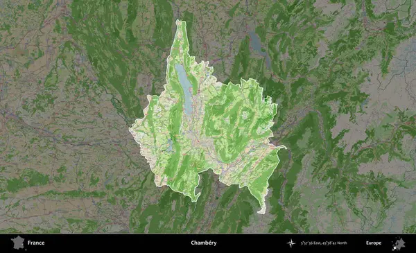 Chambery. Fransa 'nın idari alanı koyu renk bir OpenStreetMap tarzı Fransız haritasına vurgulandı ve özetlendi