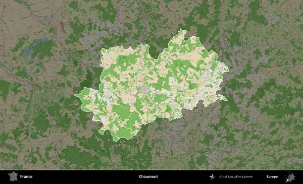 Chaumont. Fransa 'nın idari alanı koyu renk bir OpenStreetMap tarzı Fransız haritasına vurgulandı ve özetlendi