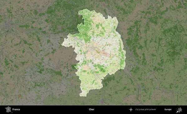 - Cher. Fransa 'nın idari alanı koyu renk bir OpenStreetMap tarzı Fransız haritasına vurgulandı ve özetlendi