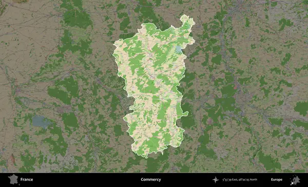 Merhamet et. Fransa 'nın idari alanı koyu renk bir OpenStreetMap tarzı Fransız haritasına vurgulandı ve özetlendi