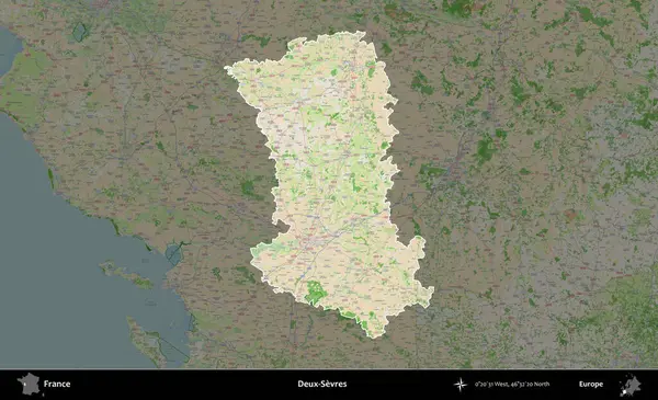 Deux-Sevres. Fransa 'nın idari alanı koyu renk bir OpenStreetMap tarzı Fransız haritasına vurgulandı ve özetlendi