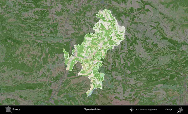 Digne-les-Bains. Fransa 'nın idari alanı koyu renk bir OpenStreetMap tarzı Fransız haritasına vurgulandı ve özetlendi