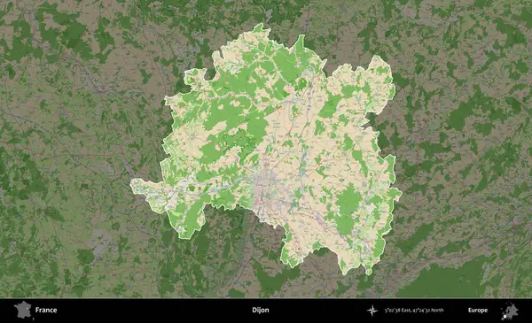 Dijon. Fransa 'nın idari alanı koyu renk bir OpenStreetMap tarzı Fransız haritasına vurgulandı ve özetlendi