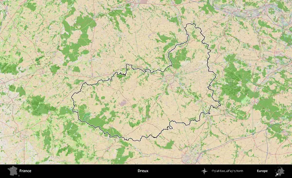 Dreux. OpenStreetMap Fransız stili haritasında Fransa 'nın idari bölgesinin ana hatları belirlendi