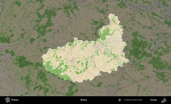 Dreux. Fransa 'nın idari alanı koyu renk bir OpenStreetMap tarzı Fransız haritasına vurgulandı ve özetlendi