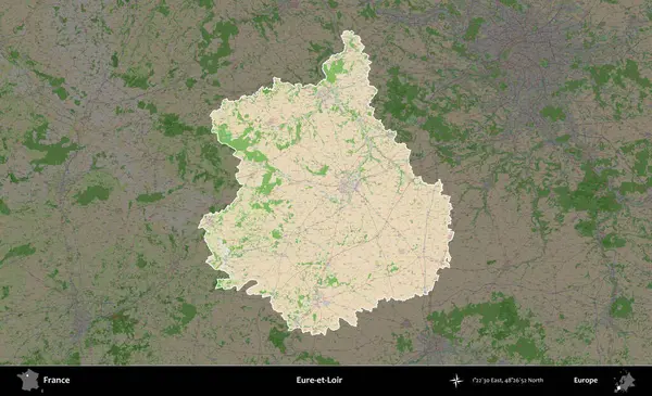 Eure-et-Loir. Fransa 'nın idari alanı koyu renk bir OpenStreetMap tarzı Fransız haritasına vurgulandı ve özetlendi