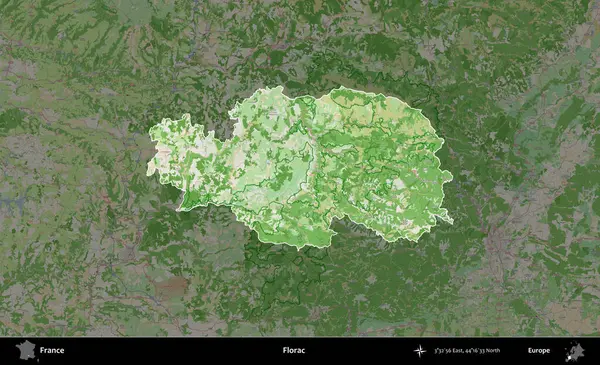 Florac. Fransa 'nın idari alanı koyu renk bir OpenStreetMap tarzı Fransız haritasına vurgulandı ve özetlendi
