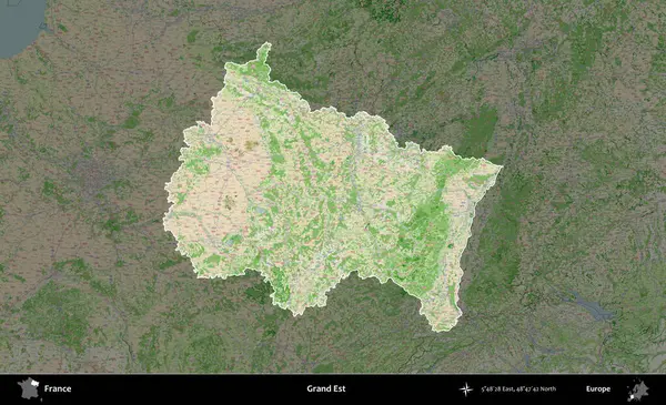 Grand Est. Fransa 'nın idari alanı koyu renk bir OpenStreetMap tarzı Fransız haritasına vurgulandı ve özetlendi