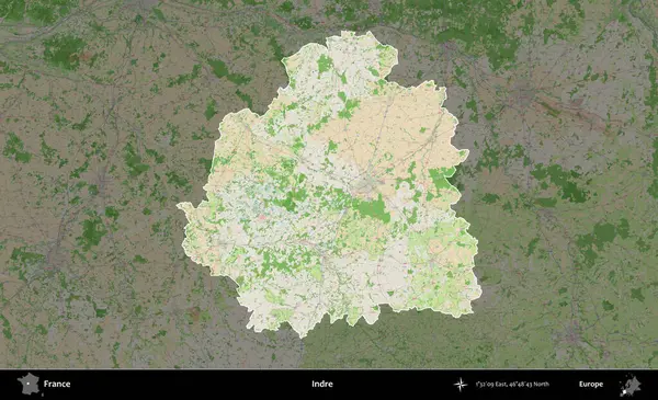 Indre. Fransa 'nın idari alanı koyu renk bir OpenStreetMap tarzı Fransız haritasına vurgulandı ve özetlendi