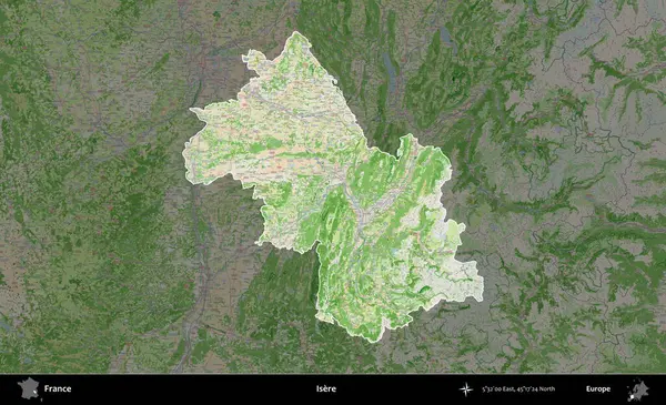 Isere. Fransa 'nın idari alanı koyu renk bir OpenStreetMap tarzı Fransız haritasına vurgulandı ve özetlendi