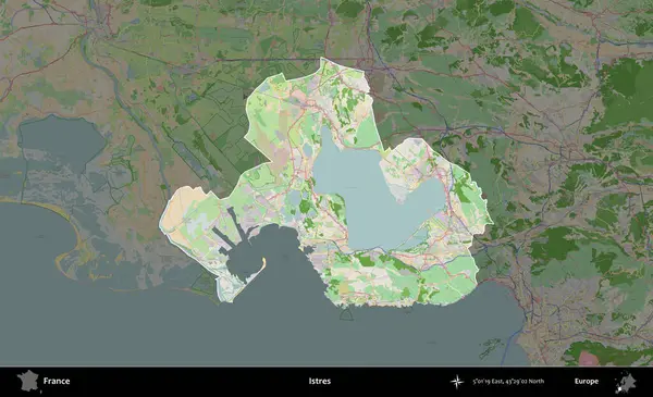 Istres. Fransa 'nın idari alanı koyu renk bir OpenStreetMap tarzı Fransız haritasına vurgulandı ve özetlendi