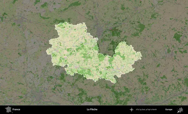 La Fleche. Fransa 'nın idari alanı koyu renk bir OpenStreetMap tarzı Fransız haritasına vurgulandı ve özetlendi