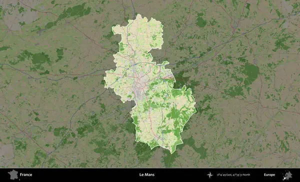 Le Mans 'da. Fransa 'nın idari alanı koyu renk bir OpenStreetMap tarzı Fransız haritasına vurgulandı ve özetlendi