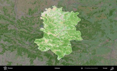 Limuzin. Fransa 'nın idari alanı koyu renk bir OpenStreetMap tarzı Fransız haritasına vurgulandı ve özetlendi
