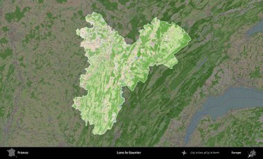 Lons-le-Saunier. Fransa 'nın idari alanı koyu renk bir OpenStreetMap tarzı Fransız haritasına vurgulandı ve özetlendi