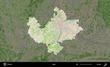 Lyon. Fransa 'nın idari alanı koyu renk bir OpenStreetMap tarzı Fransız haritasına vurgulandı ve özetlendi