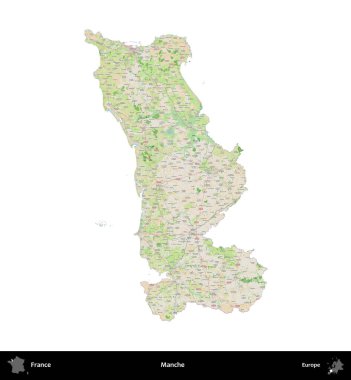 Manche. Fransa 'nın idari bölgesi bir OpenStreetMap Fransız tarzı haritada beyazda izole edildi