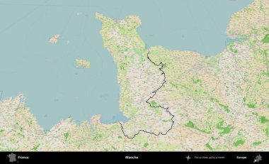 Manche. OpenStreetMap Fransız stili haritasında Fransa 'nın idari bölgesinin ana hatları belirlendi