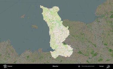 Manche. Fransa 'nın idari alanı koyu renk bir OpenStreetMap tarzı Fransız haritasına vurgulandı ve özetlendi