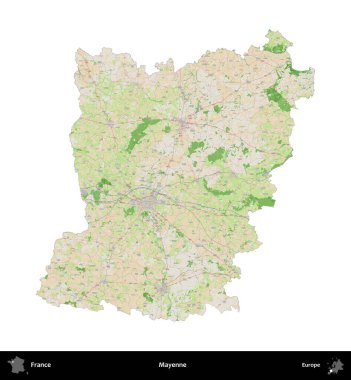 Mayenne. Fransa 'nın idari bölgesi bir OpenStreetMap Fransız tarzı haritada beyazda izole edildi