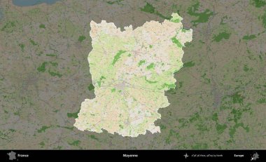 Mayenne. Fransa 'nın idari alanı koyu renk bir OpenStreetMap tarzı Fransız haritasına vurgulandı ve özetlendi