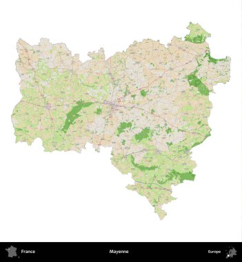 Mayenne. Fransa 'nın idari bölgesi bir OpenStreetMap Fransız tarzı haritada beyazda izole edildi