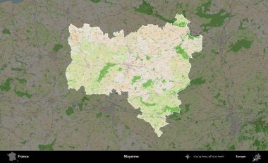 Mayenne. Fransa 'nın idari alanı koyu renk bir OpenStreetMap tarzı Fransız haritasına vurgulandı ve özetlendi