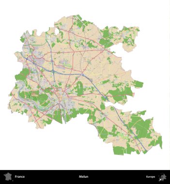 Melun. Fransa 'nın idari bölgesi bir OpenStreetMap Fransız tarzı haritada beyazda izole edildi