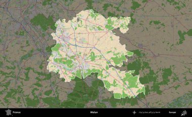 Melun. Fransa 'nın idari alanı koyu renk bir OpenStreetMap tarzı Fransız haritasına vurgulandı ve özetlendi