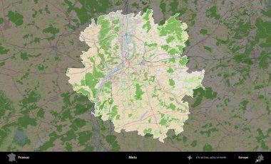 Metz. Fransa 'nın idari alanı koyu renk bir OpenStreetMap tarzı Fransız haritasına vurgulandı ve özetlendi
