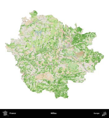 Millau. Fransa 'nın idari bölgesi bir OpenStreetMap Fransız tarzı haritada beyazda izole edildi