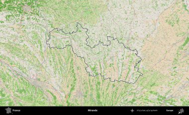 Mirande. OpenStreetMap Fransız stili haritasında Fransa 'nın idari bölgesinin ana hatları belirlendi