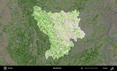 Montbrison 'da. Fransa 'nın idari alanı koyu renk bir OpenStreetMap tarzı Fransız haritasına vurgulandı ve özetlendi