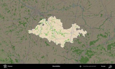 Montdidier. Fransa 'nın idari alanı koyu renk bir OpenStreetMap tarzı Fransız haritasına vurgulandı ve özetlendi