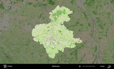 Montlucon 'da. Fransa 'nın idari alanı koyu renk bir OpenStreetMap tarzı Fransız haritasına vurgulandı ve özetlendi