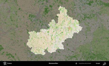 Montmorillon 'da. Fransa 'nın idari alanı koyu renk bir OpenStreetMap tarzı Fransız haritasına vurgulandı ve özetlendi